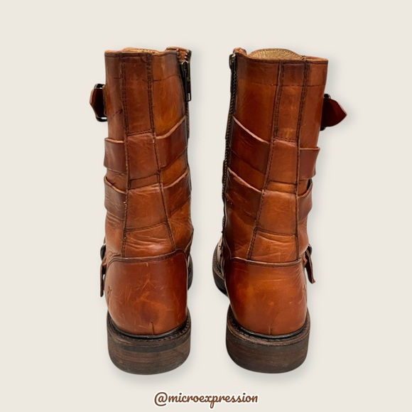 $389 Veronica Tanker Cognac Brown Real Leather Strappy Belted Moto Combat Boots - Picture 8 of 14